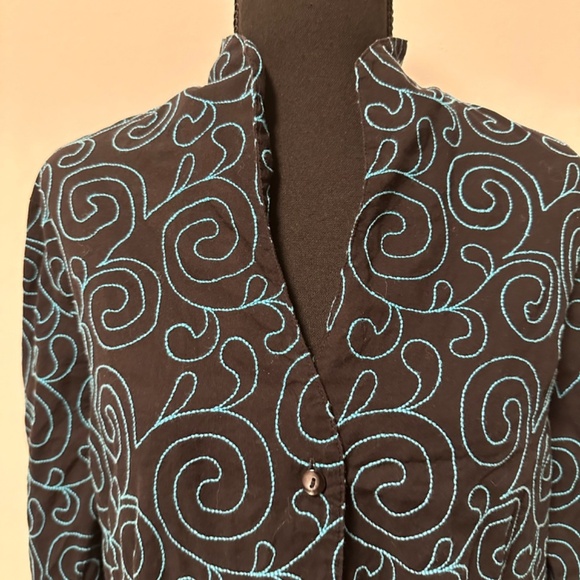 *FOXCROFT* Black x Blue Swirl Fitted Cotton Button Down Size 16 - Picture 2 of 7